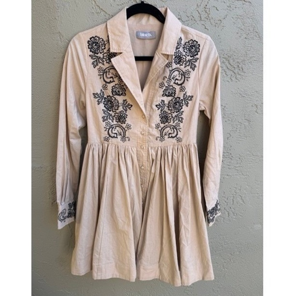 Blue B Tan Black Embroidered Lapel Collar Button Dress Mini Dress SMALL Boho